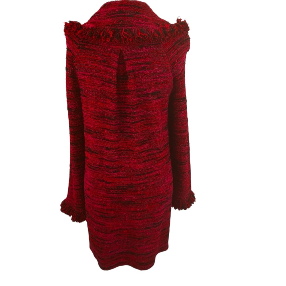 St. John red pink black tweed fringe frayed collar long jacket women’s size 6 - Picture 5 of 16